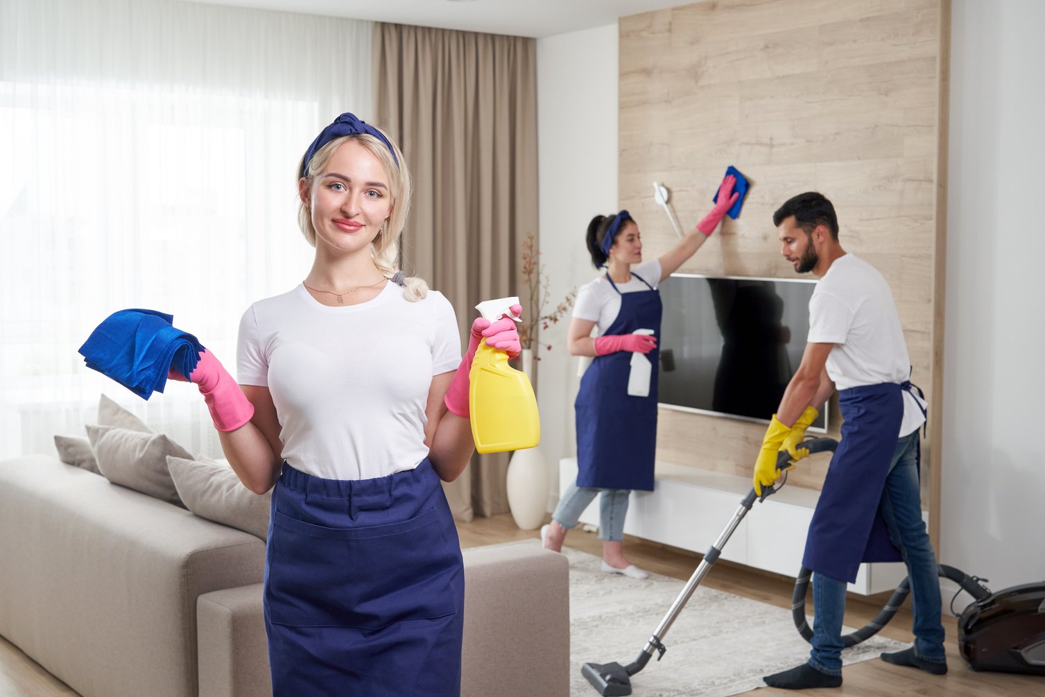 Professional cleaning service team cleans living room in modern apartment